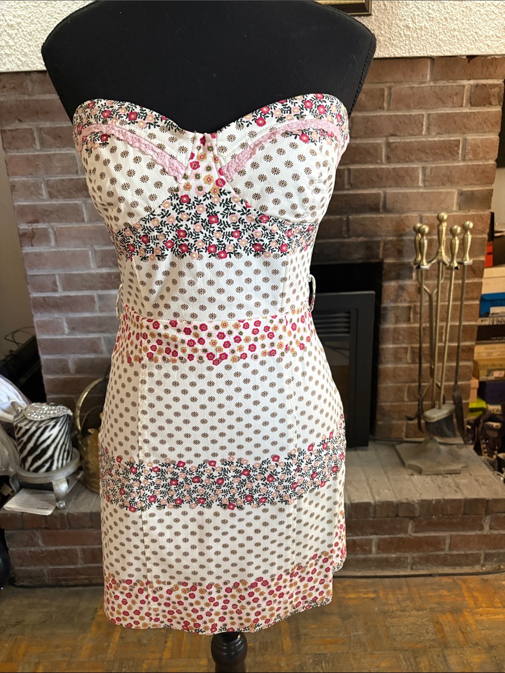 Zara Strapless Cream Dress with Pink Floral Trim